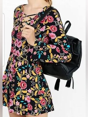EXPRESS Floral Romper with Bell Sleeves and Crisscross Neckline